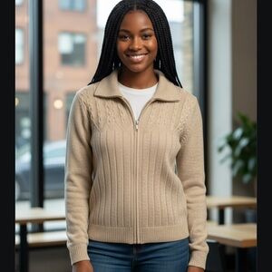 Alfred Dunner Cream Cardigan Sweater with Cable Knit